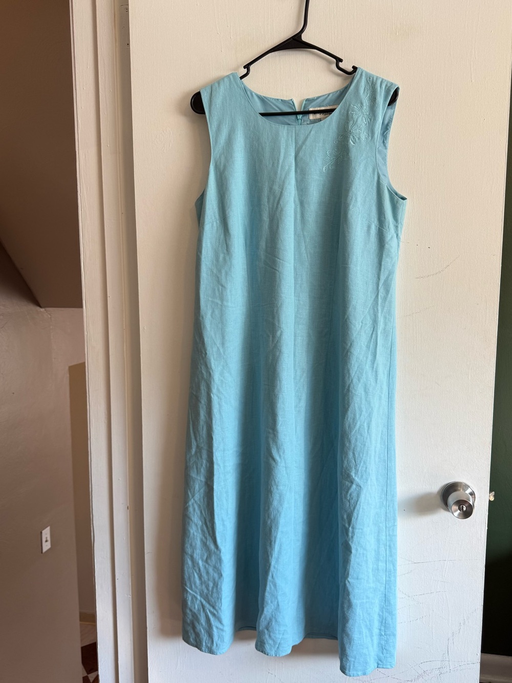 Appleseeds blue linen blend sleeveless floral embroidered midi dress size 14